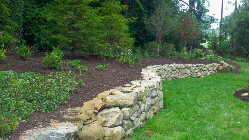 Dry-stacked limestone retaining wall along a wooded garden slope